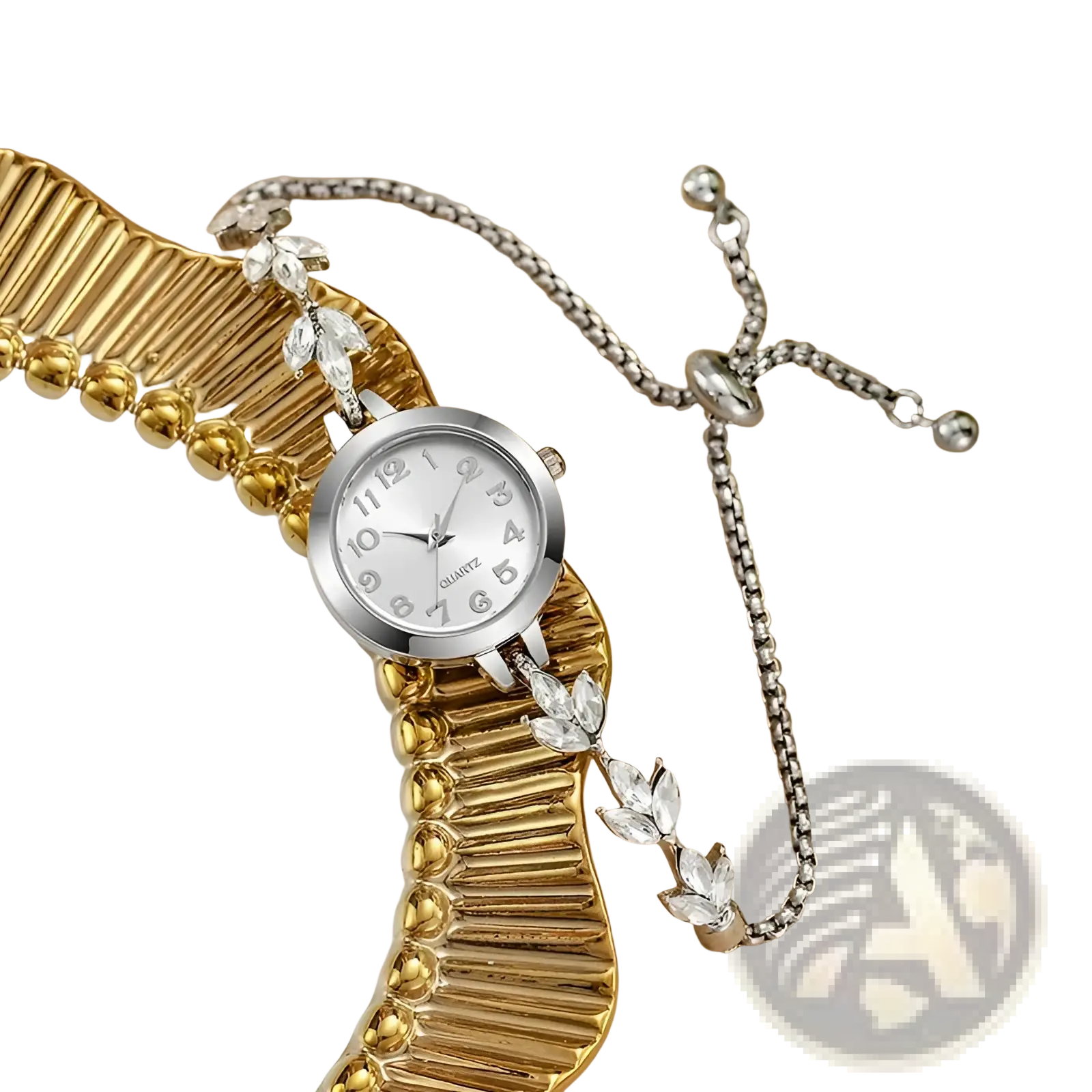 Silver-toned women rhinestone quartz watch with delicate chain and crystal leaf bracelet embellishments