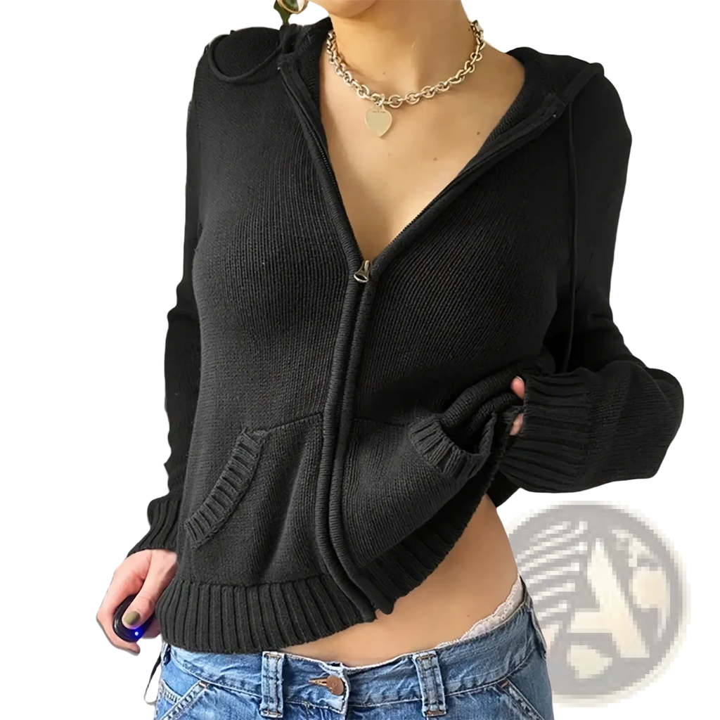 Women ribbed knit zip hoodie crop top in black with front pockets and hood trim made of ribbed knit fabric