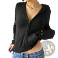 Women ribbed knit zip hoodie crop top in black with front pockets and hood trim made of ribbed knit fabric