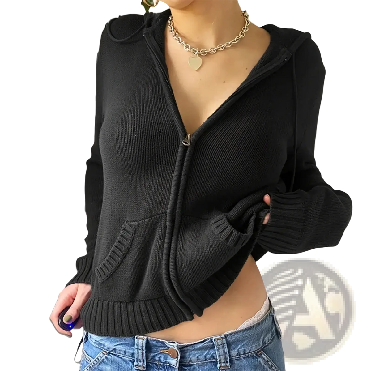 Women ribbed knit zip hoodie crop top in black with front pockets and hood trim made of ribbed knit fabric