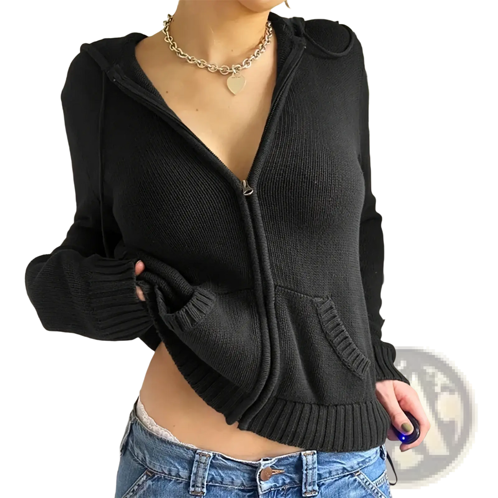 Black ribbed knit zip-up hoodie crop top with front pockets and drawstring hood for women