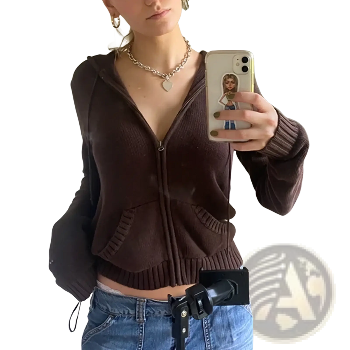 Brown women ribbed knit zip hoodie crop top with ribbed cuffs hem front pockets and hood in knit material