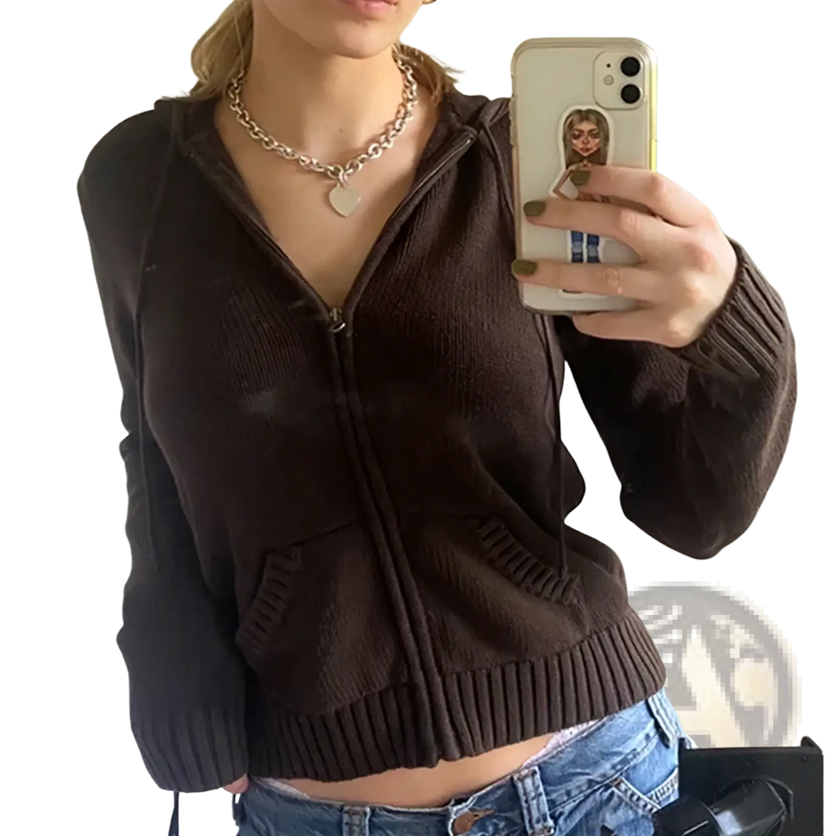 Brown women ribbed knit zip hoodie crop top with hood front pockets ribbed cuffs and hem in soft fabric