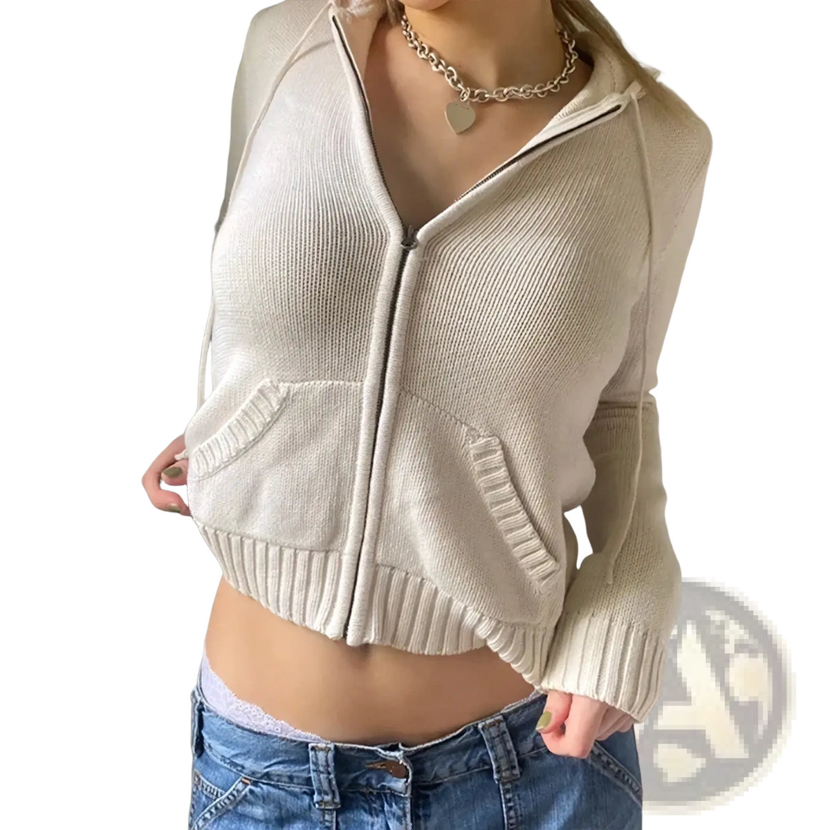 Cream-colored women ribbed knit zip hoodie crop top with two front pockets and a hood in soft knit fabric