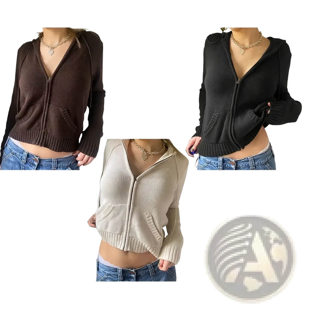 Three cropped images feature a women ribbed knit zip hoodie crop top in brown black and beige colors