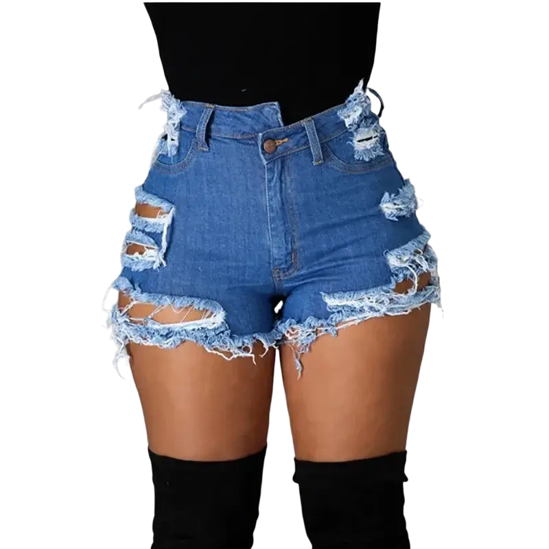 Women ripped denim shorts in blue with distressed details and frayed edges made in mainland china