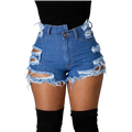 Women ripped denim shorts in blue with distressed details and frayed edges made in mainland china