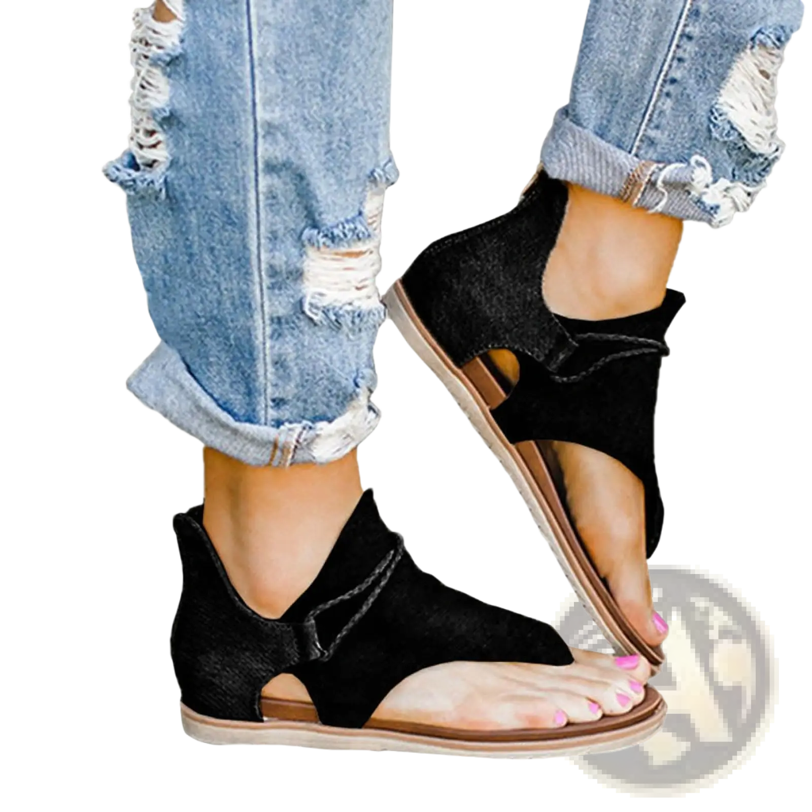 Women sandals animal print flat thong strappy shoes in black suede with braided straps and brown soles in front view