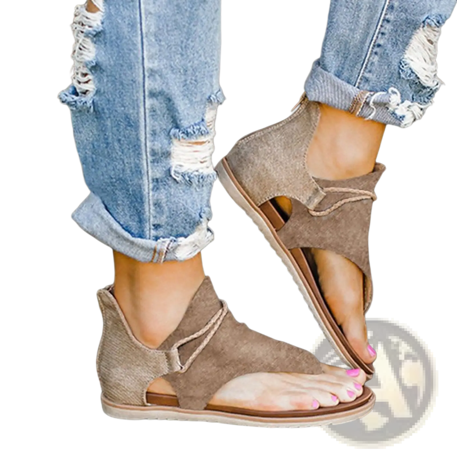Tan suede women sandals with flat sole and crisscross straps featuring an animal print design