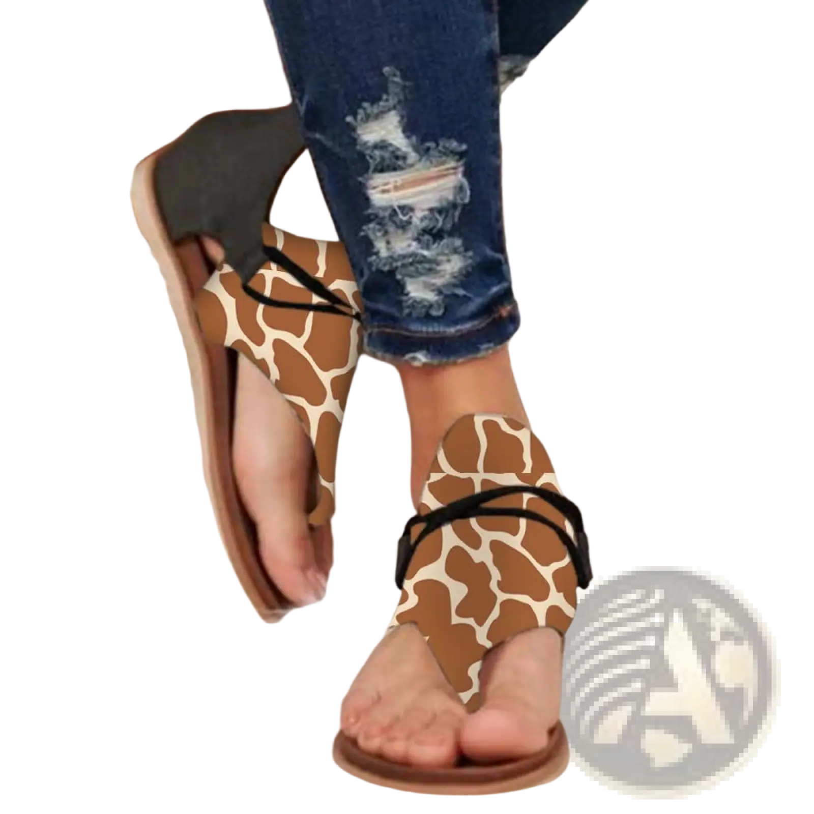 Women sandals animal print flat thong strappy shoes featuring brown and cream giraffe print with black straps