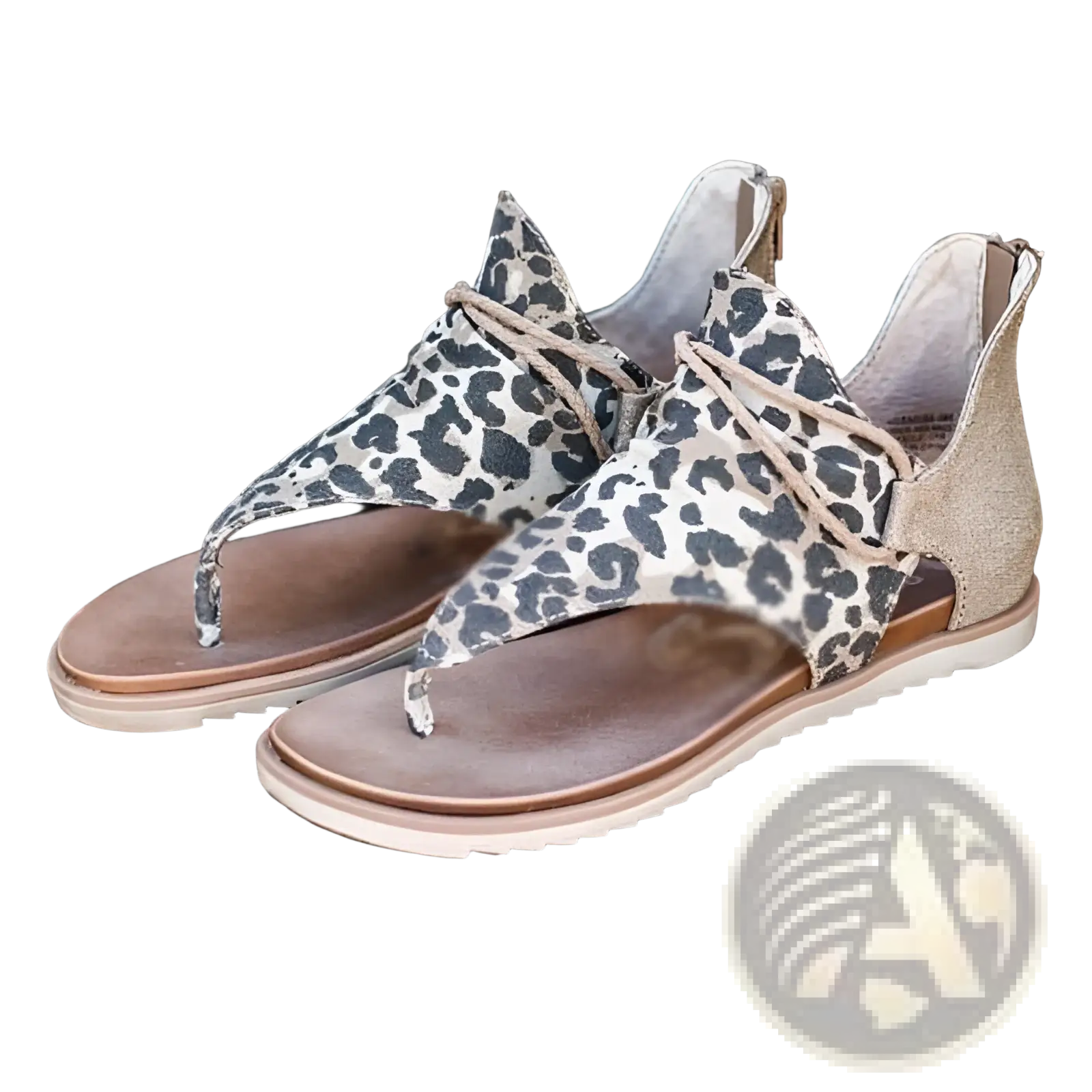 Women sandals animal print flat thong strappy shoes in leopard-print suede with tan laces and brown rubber sole