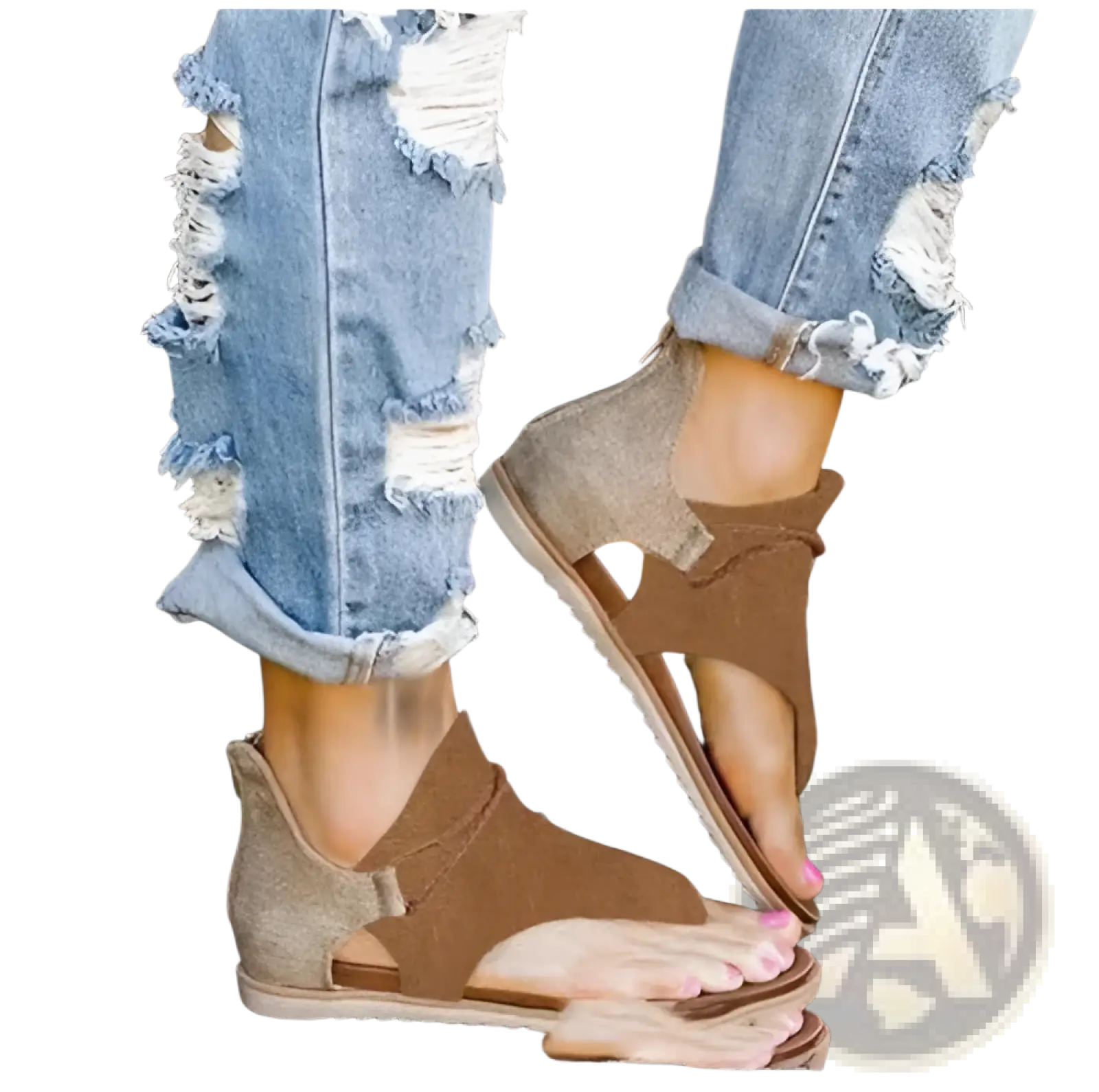 Women sandals animal print flat thong strappy shoes in brown suede and tan leather with flat sole
