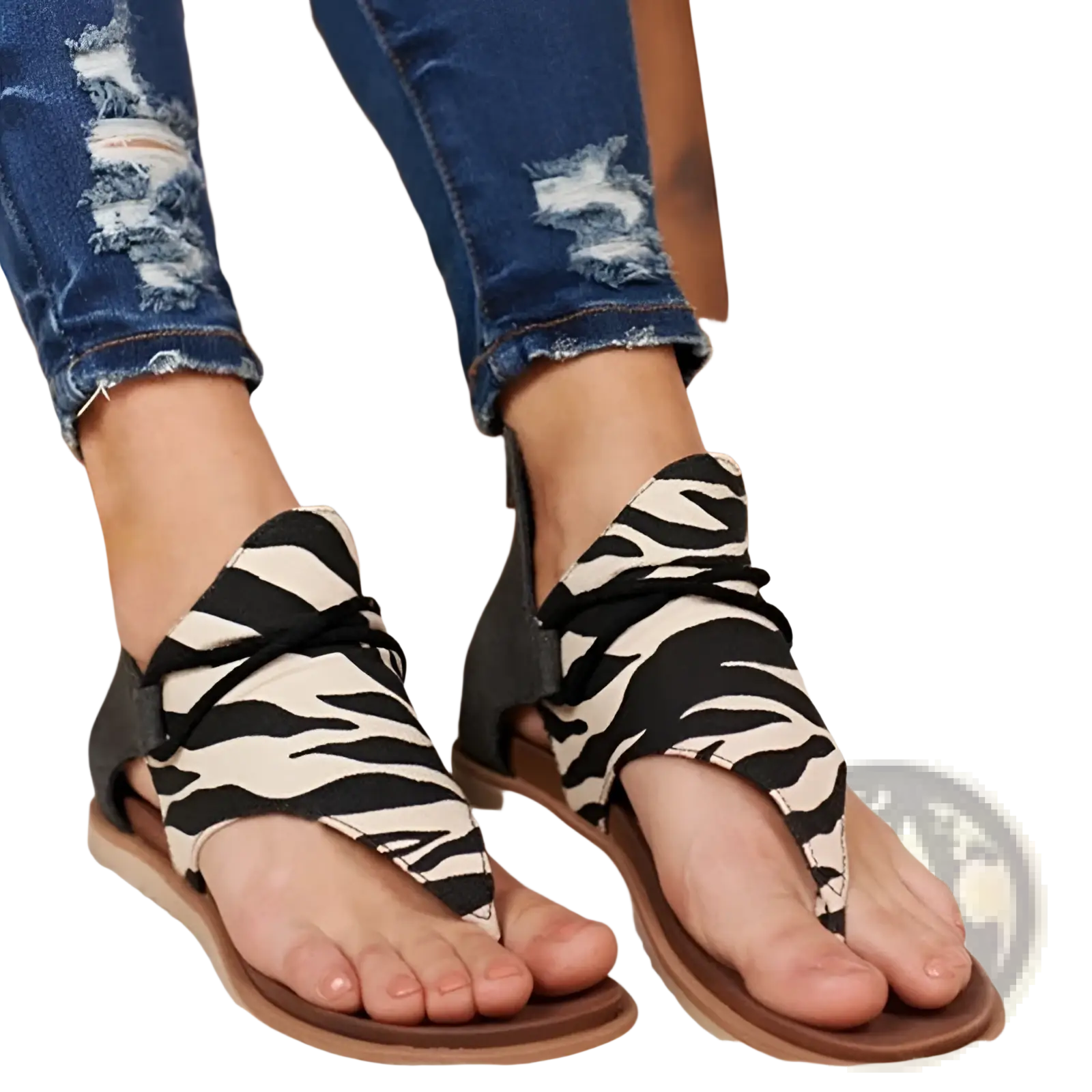 Women sandals animal print flat thong strappy shoes in black and white zebra print with flat brown sole