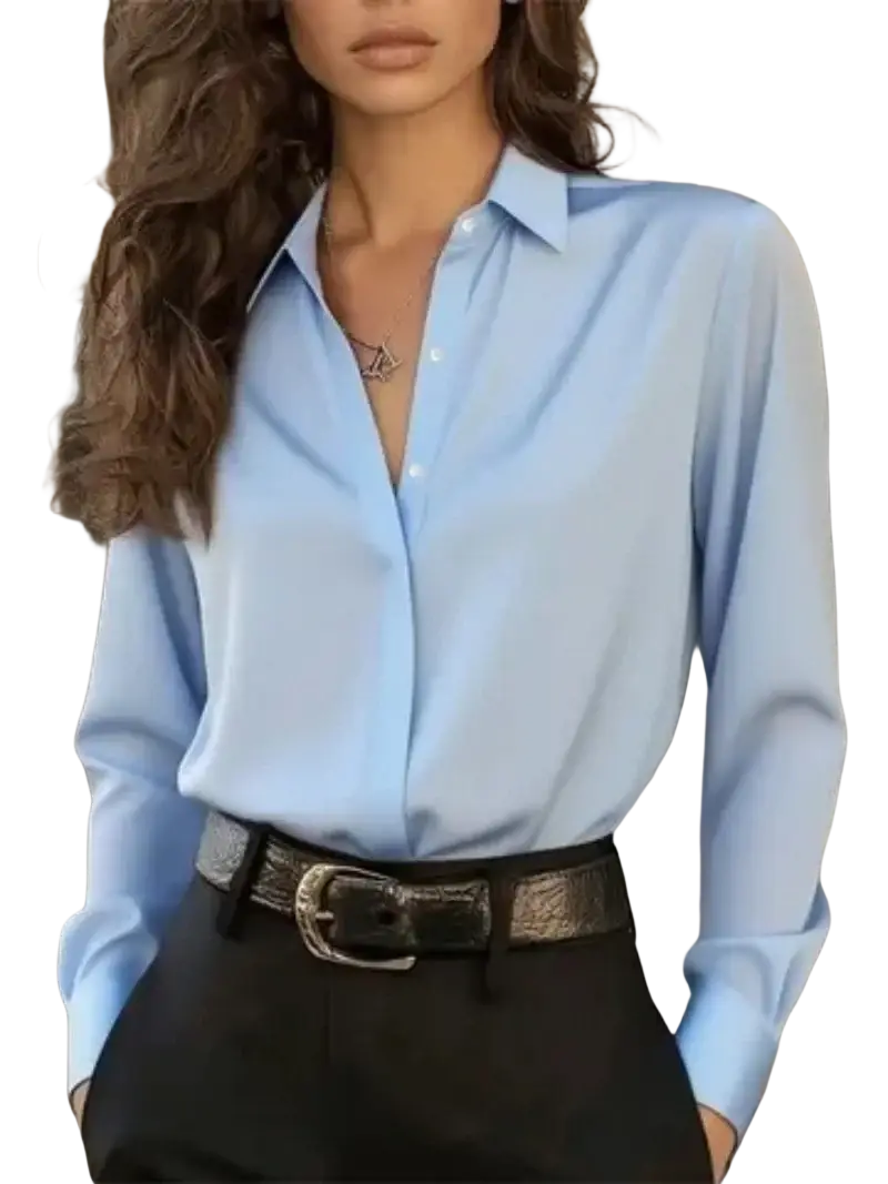 Light blue satin button down shirt with classic collar and long sleeves for office wear women blouse
