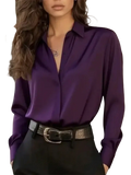 A sleek long-sleeved purple satin button down shirt with classic collar designed for women office blouse