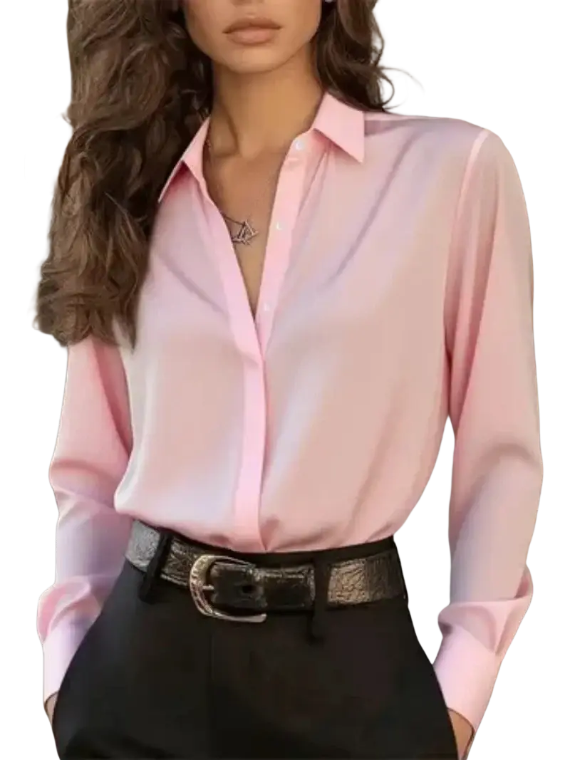 A soft pink satin button-down shirt with classic collar and long sleeves for women office blouse