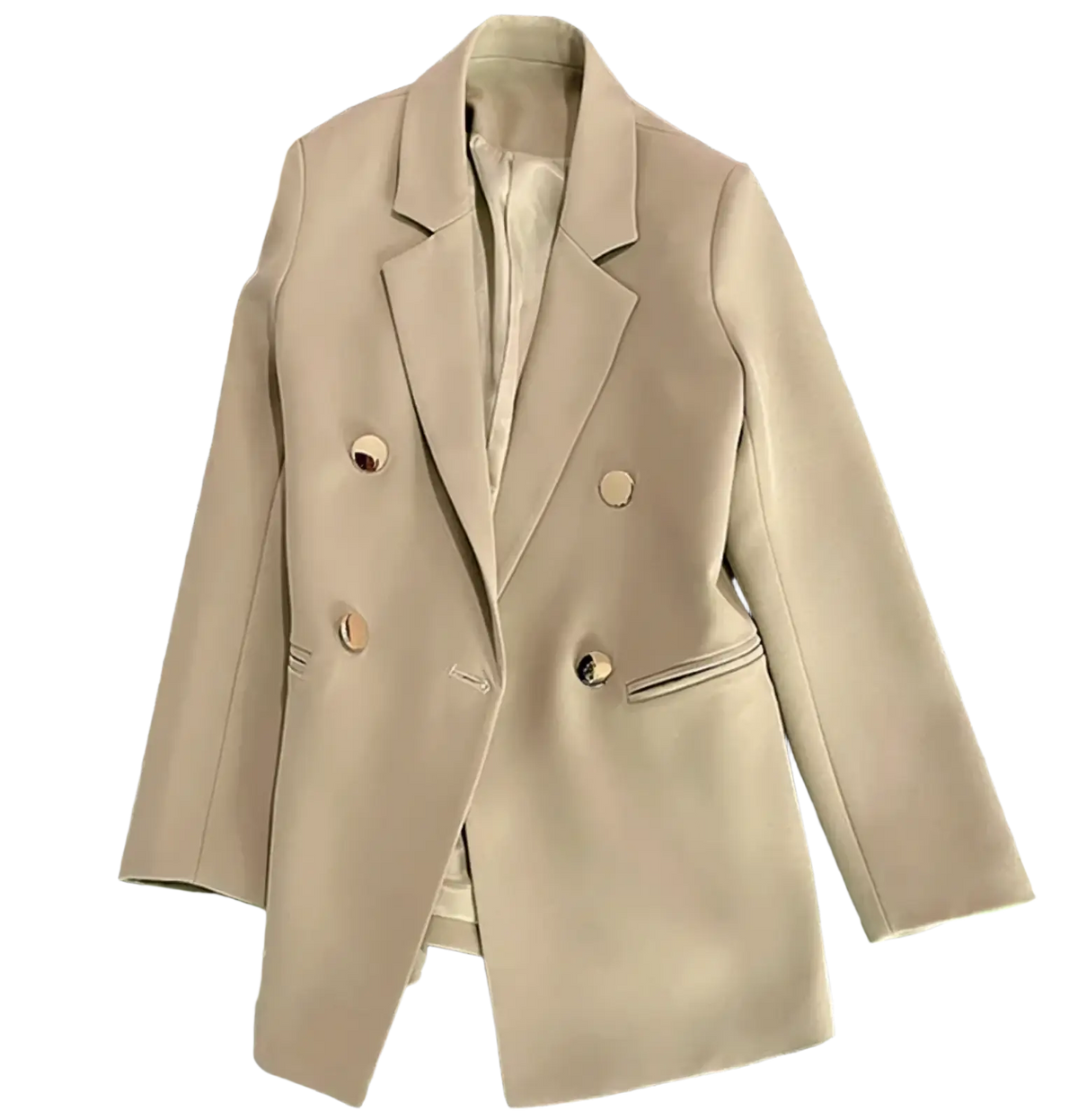 Beige women satin double breasted blazer with gold toned buttons and structured silhouette