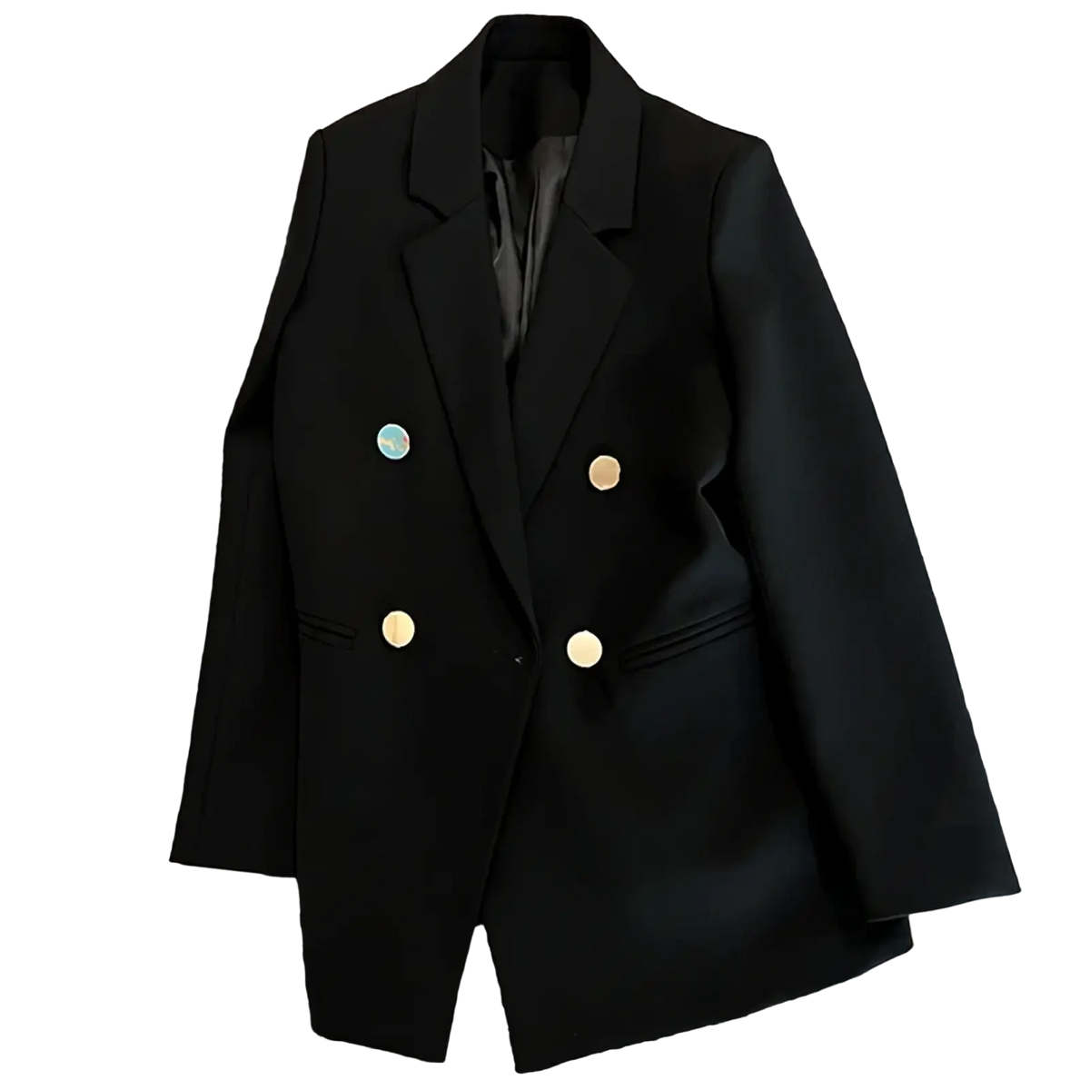 Women satin double breasted black blazer with gold and light blue buttons for formal and professional wear