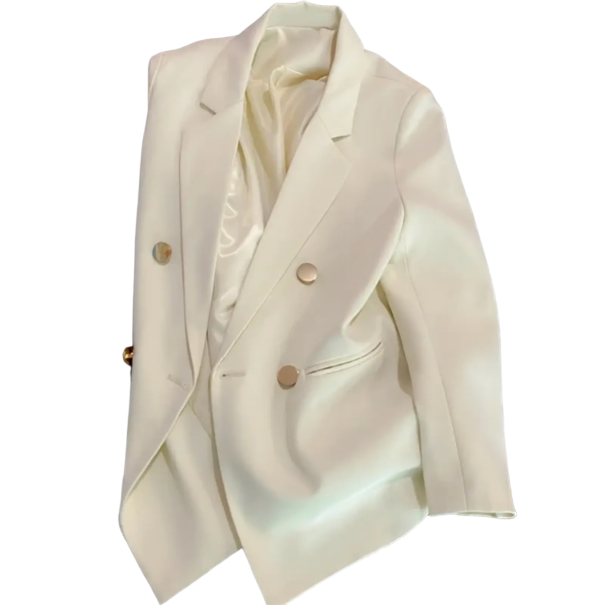 Women satin double breasted blazer in cream-colored satin with gold-toned buttons and a tailored sleek design