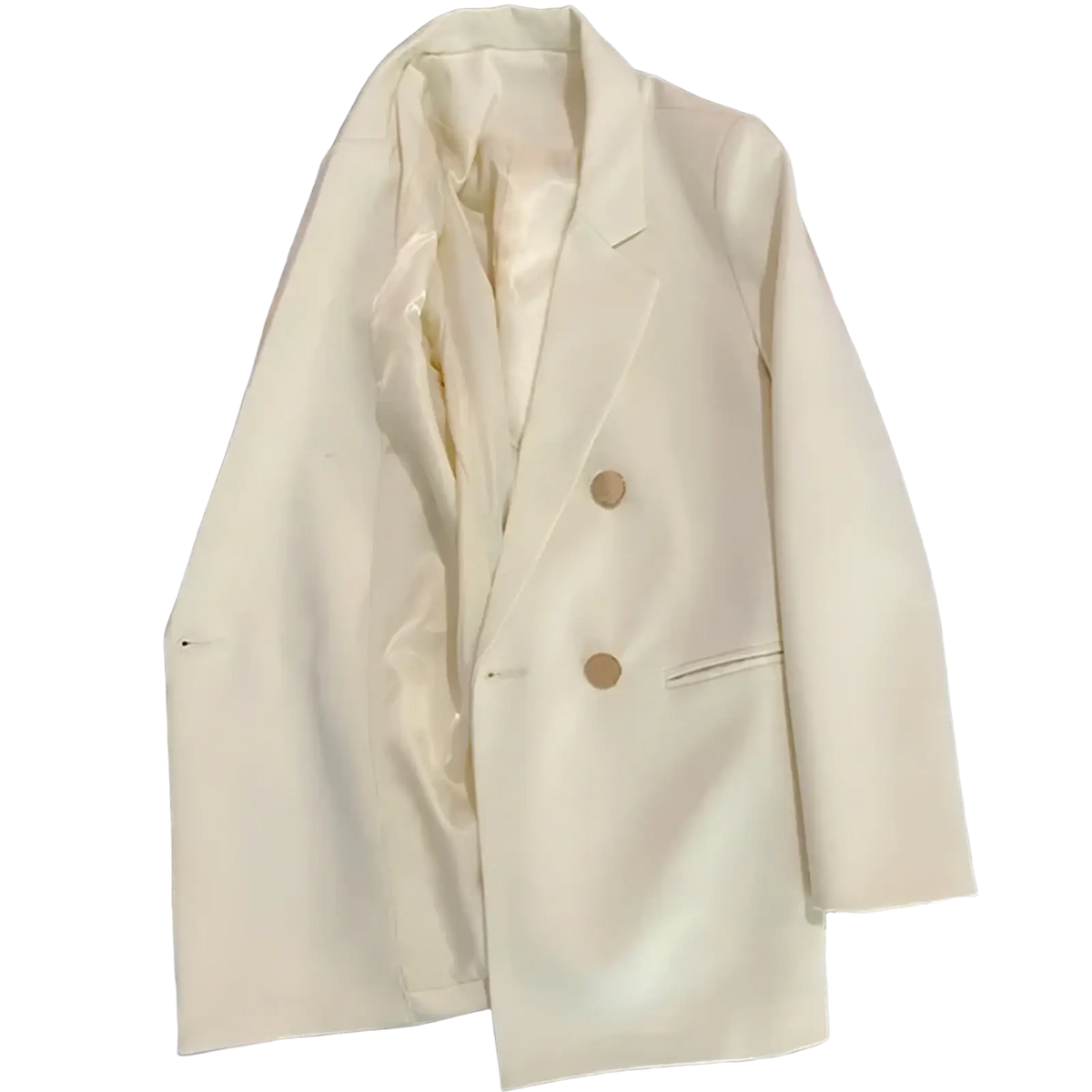 Women satin double breasted blazer in cream color with two tan buttons and a sleek modern design