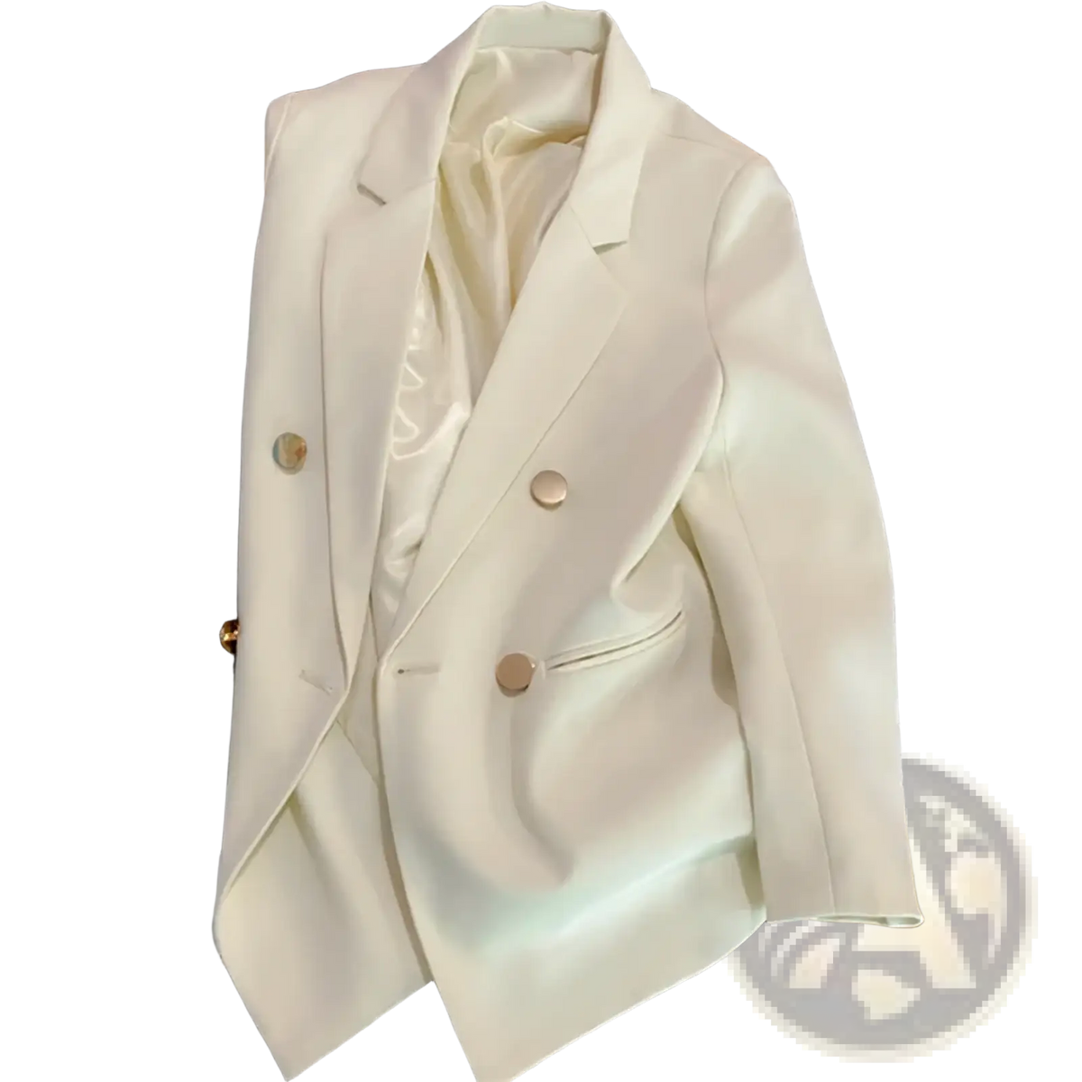 Women satin double breasted blazer in cream-colored satin with gold-toned buttons and a tailored sleek design