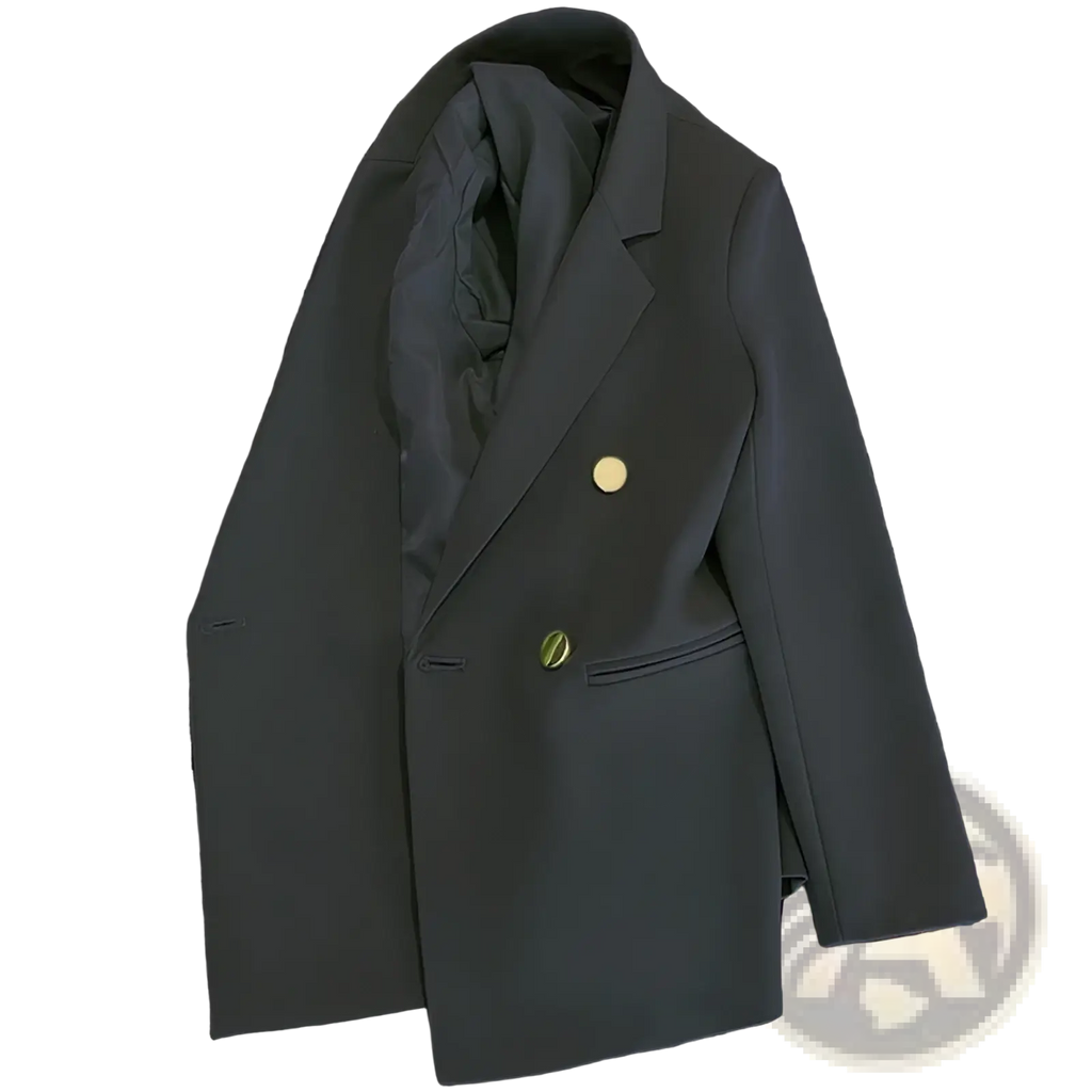 Women satin double breasted blazer in sleek dark gray with gold toned buttons and a tailored fit