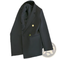 Women satin double breasted blazer in sleek dark gray with gold toned buttons and a tailored fit