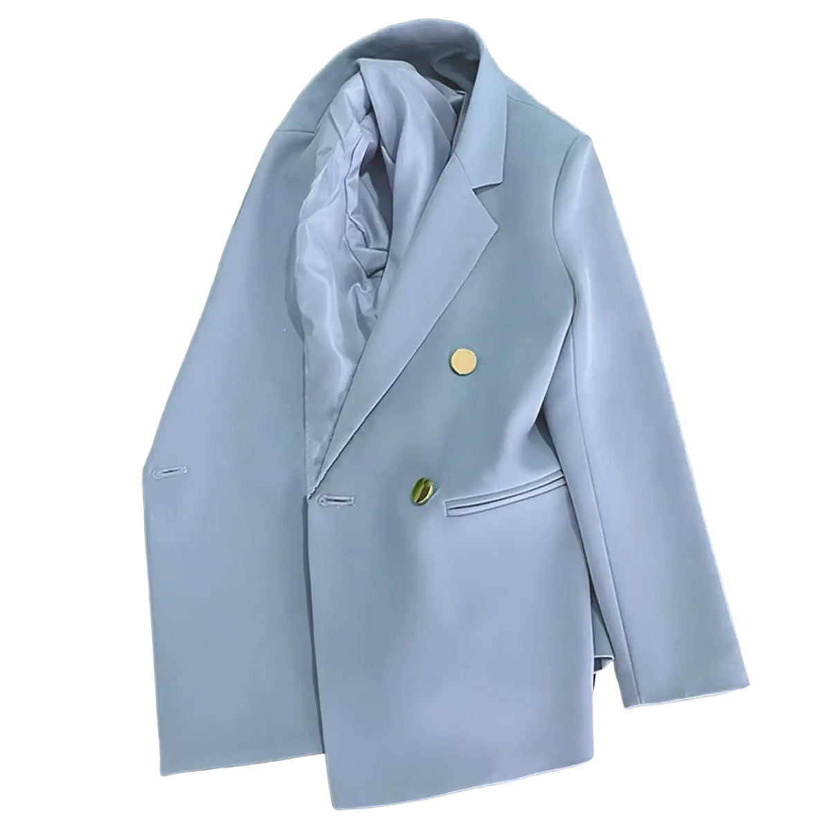 Women satin double breasted blazer in light blue with gold toned buttons and a tailored sleek design