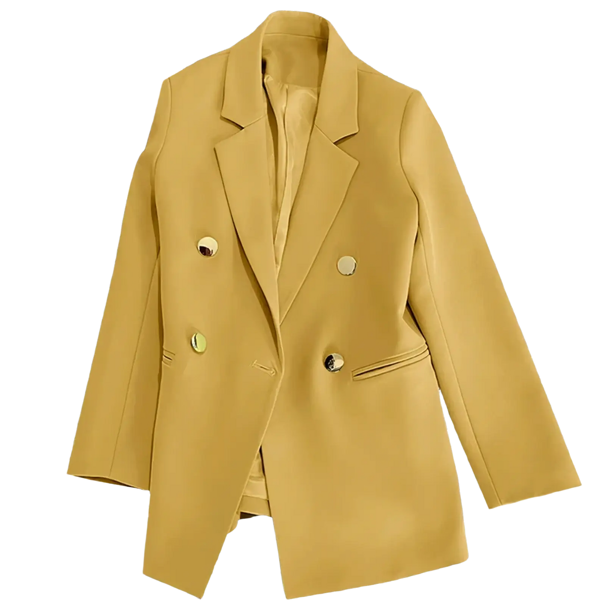 A mustard-yellow satin women double breasted blazer with metallic buttons and a sleek tailored design