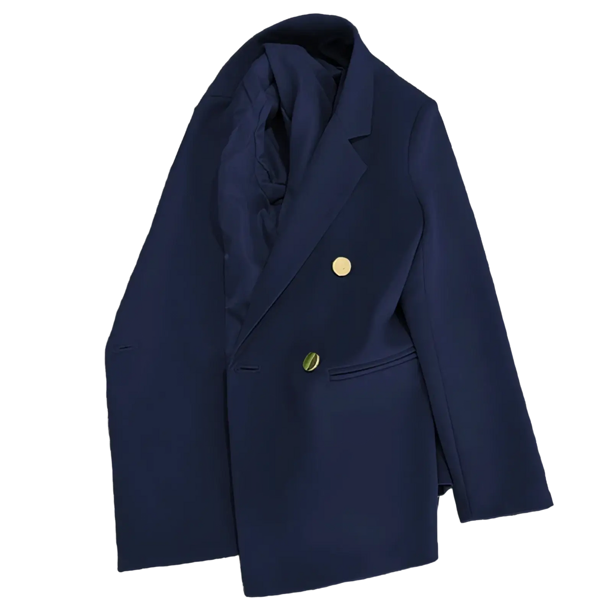 Women satin double breasted blazer in navy blue with gold toned buttons for formal and stylish wear