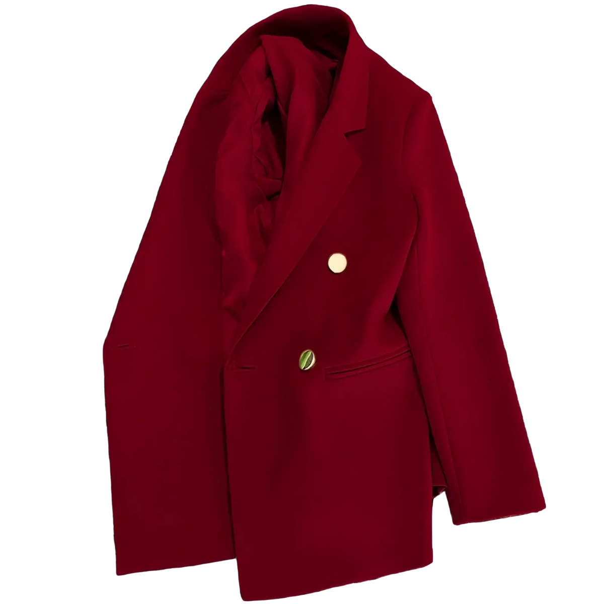 Women satin double breasted blazer in rich crimson with gold toned buttons and a sleek tailored design