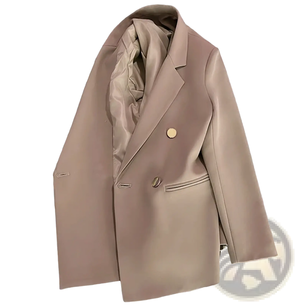 Women satin double breasted blazer in sleek blush pink with satin finish and gold toned buttons