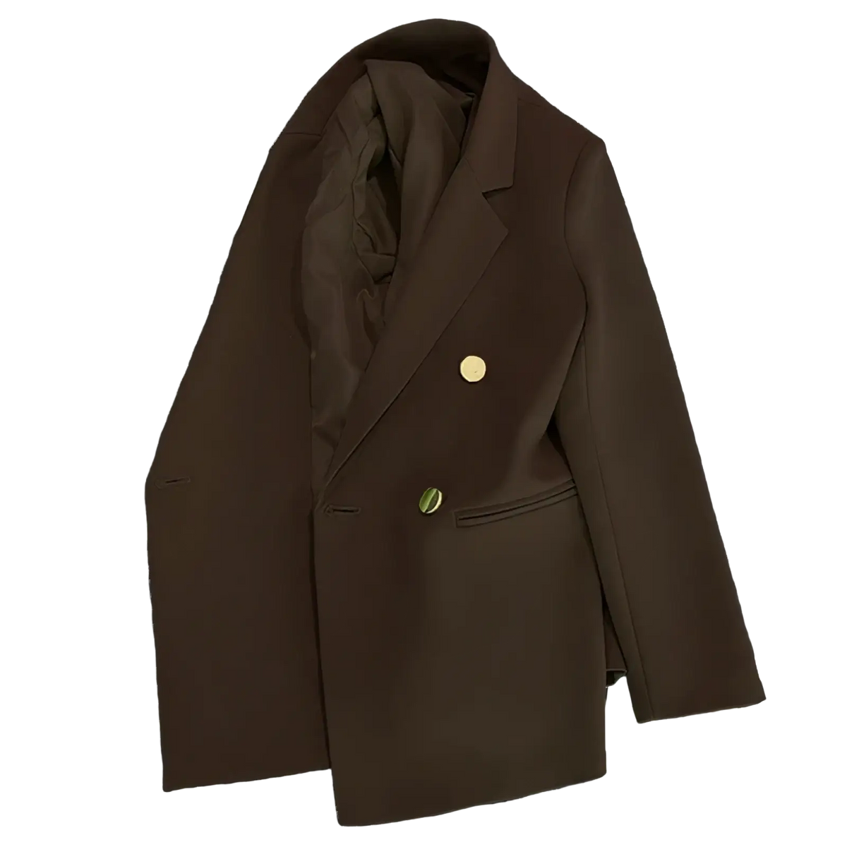 Women satin double breasted blazer in sleek chocolate brown with gold toned buttons and a tailored fit