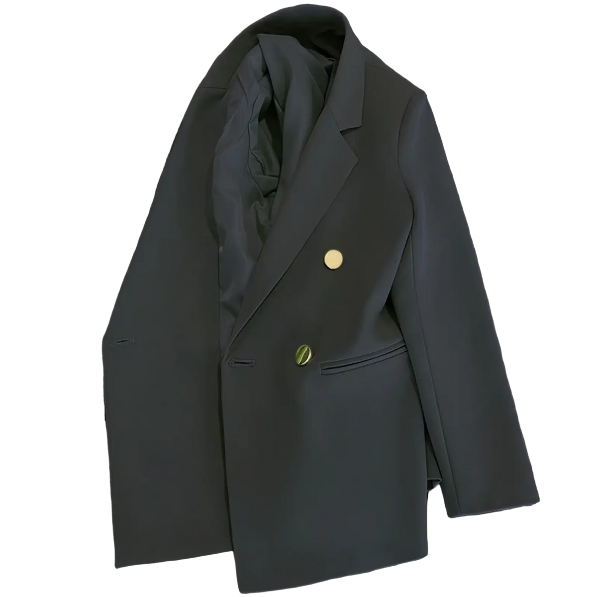Women satin double breasted blazer in sleek dark gray with gold toned buttons and a tailored fit