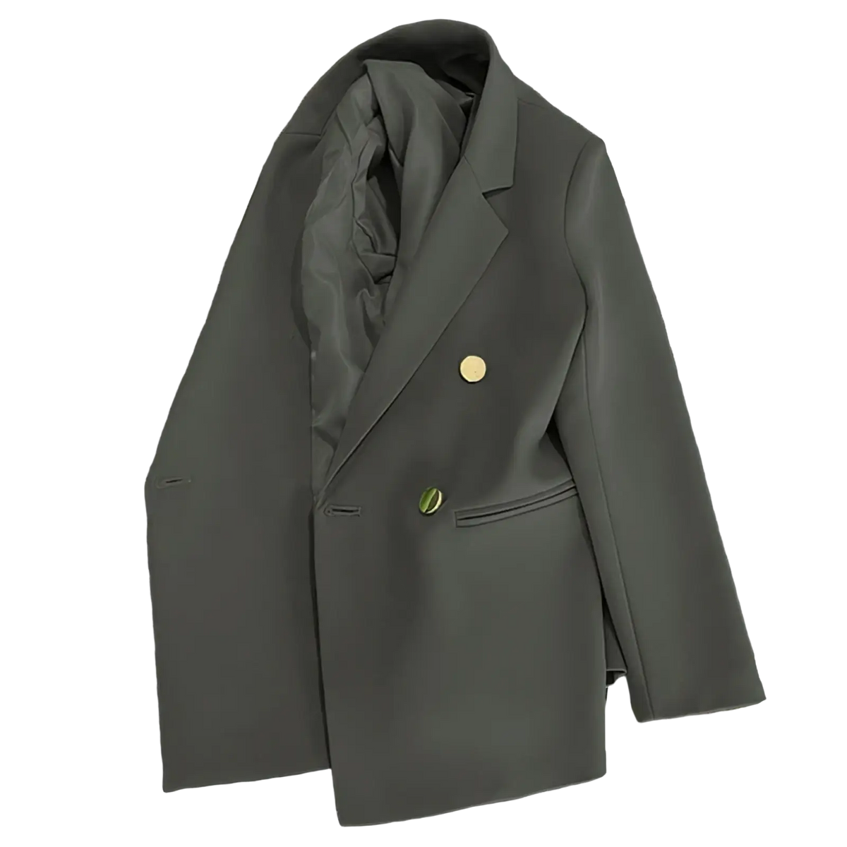 Women satin double breasted blazer in dark gray with gold toned buttons and a tailored fit