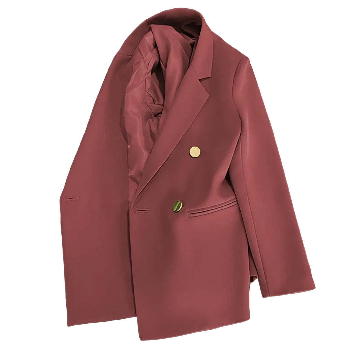 A sleek dusty rose women satin double breasted blazer with gold toned buttons and a stylish design