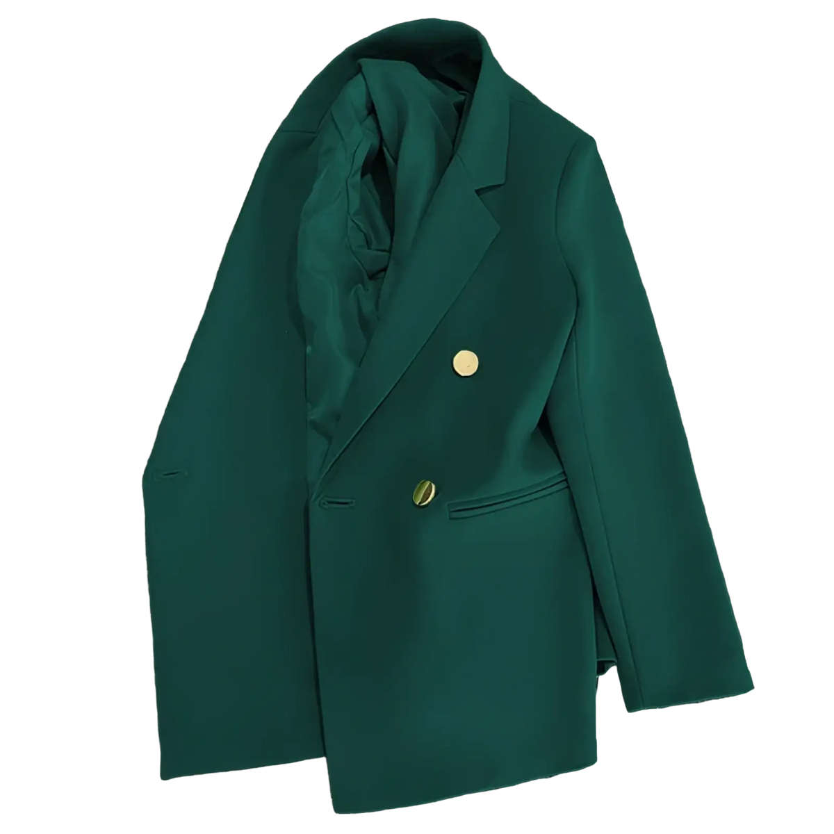 Women satin double breasted blazer in sleek emerald green with gold toned buttons and tailored fit