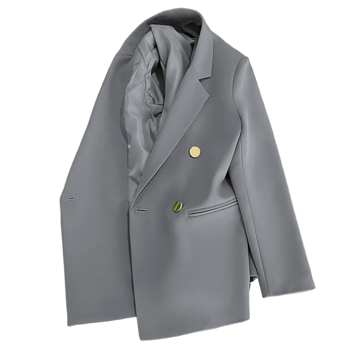 Women satin double breasted blazer in sleek gray with gold toned buttons and tailored fit for formal occasions