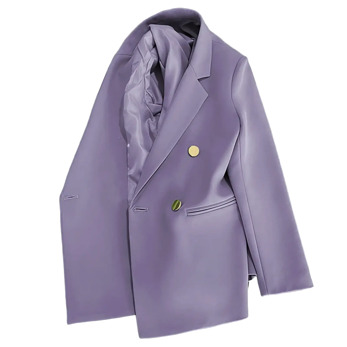 A sleek lavender satin double breasted blazer for women with gold toned buttons and a tailored fit