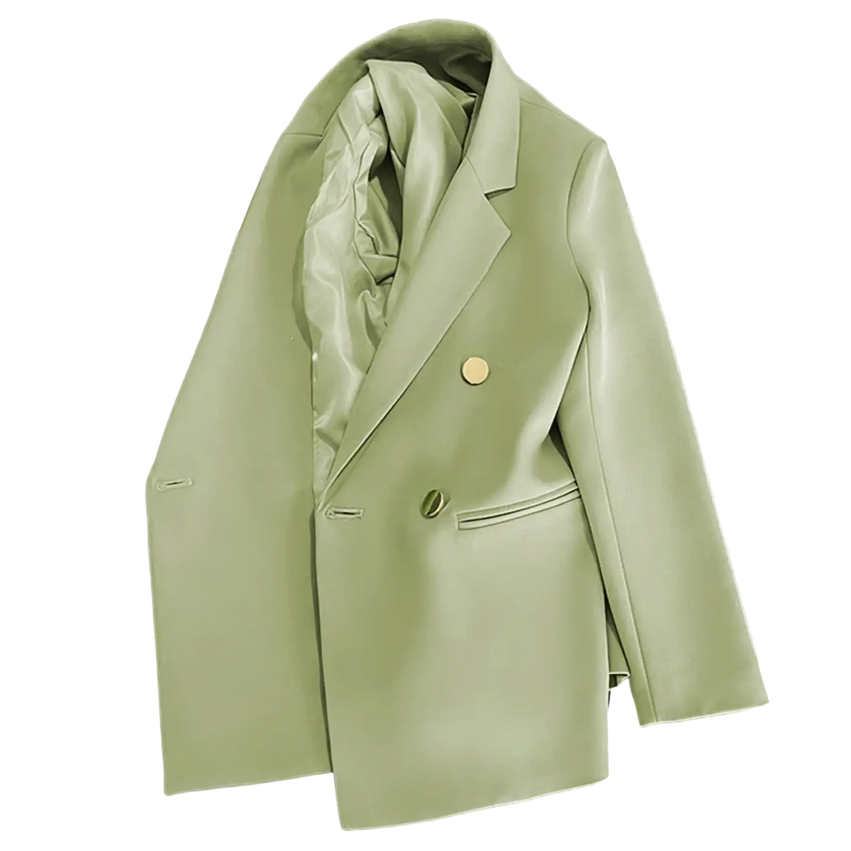 A sleek light green women satin double breasted blazer with a satin finish and gold toned buttons