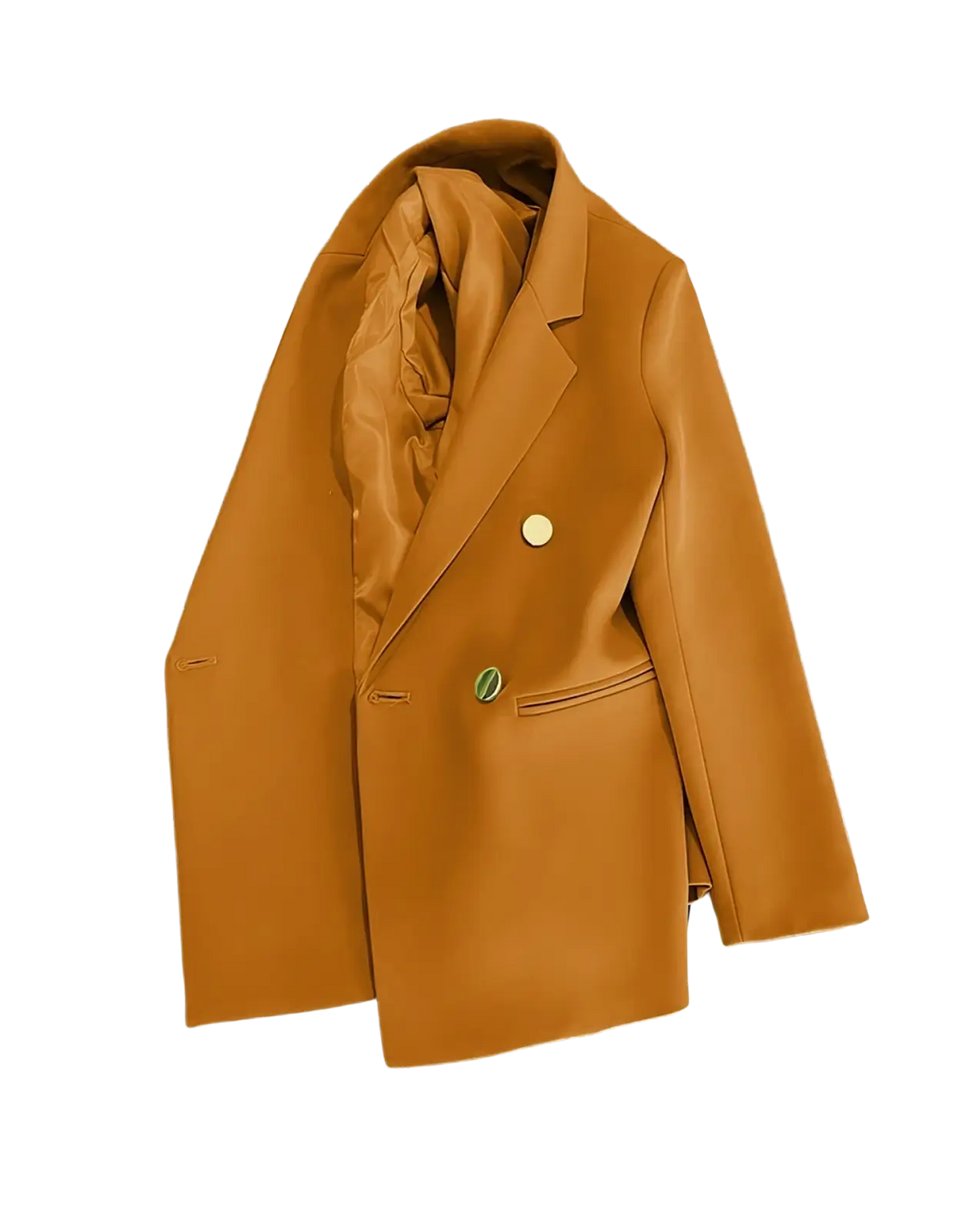 Women satin double breasted blazer in sleek mustard yellow with contrasting green buttons and a polished finish