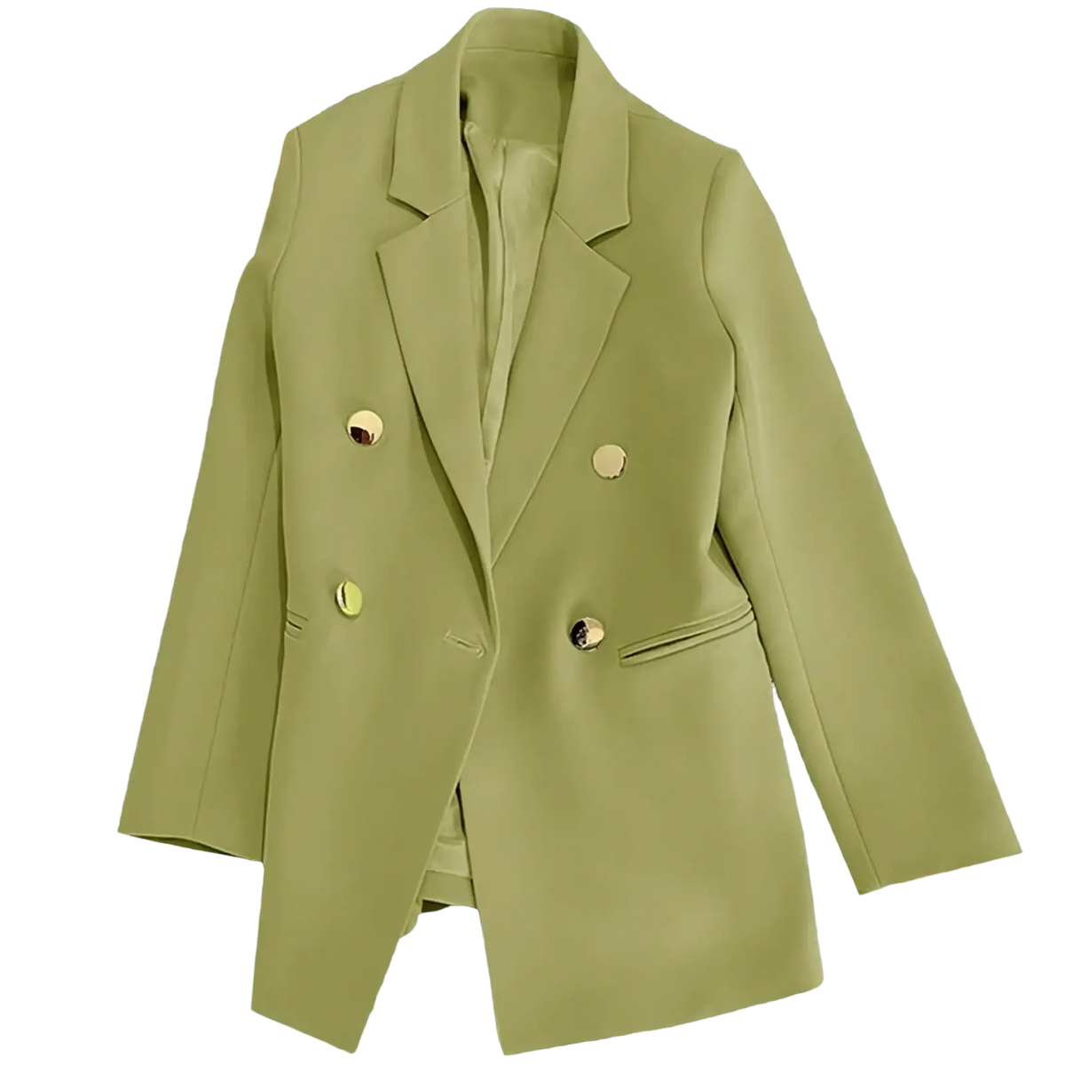 Women satin double breasted blazer in sleek olive green with gold toned buttons and tailored fit