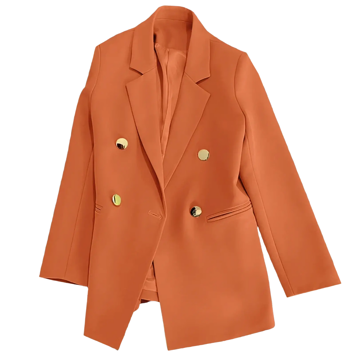 A sleek orange satin women double breasted blazer with gold toned buttons and a tailored fit