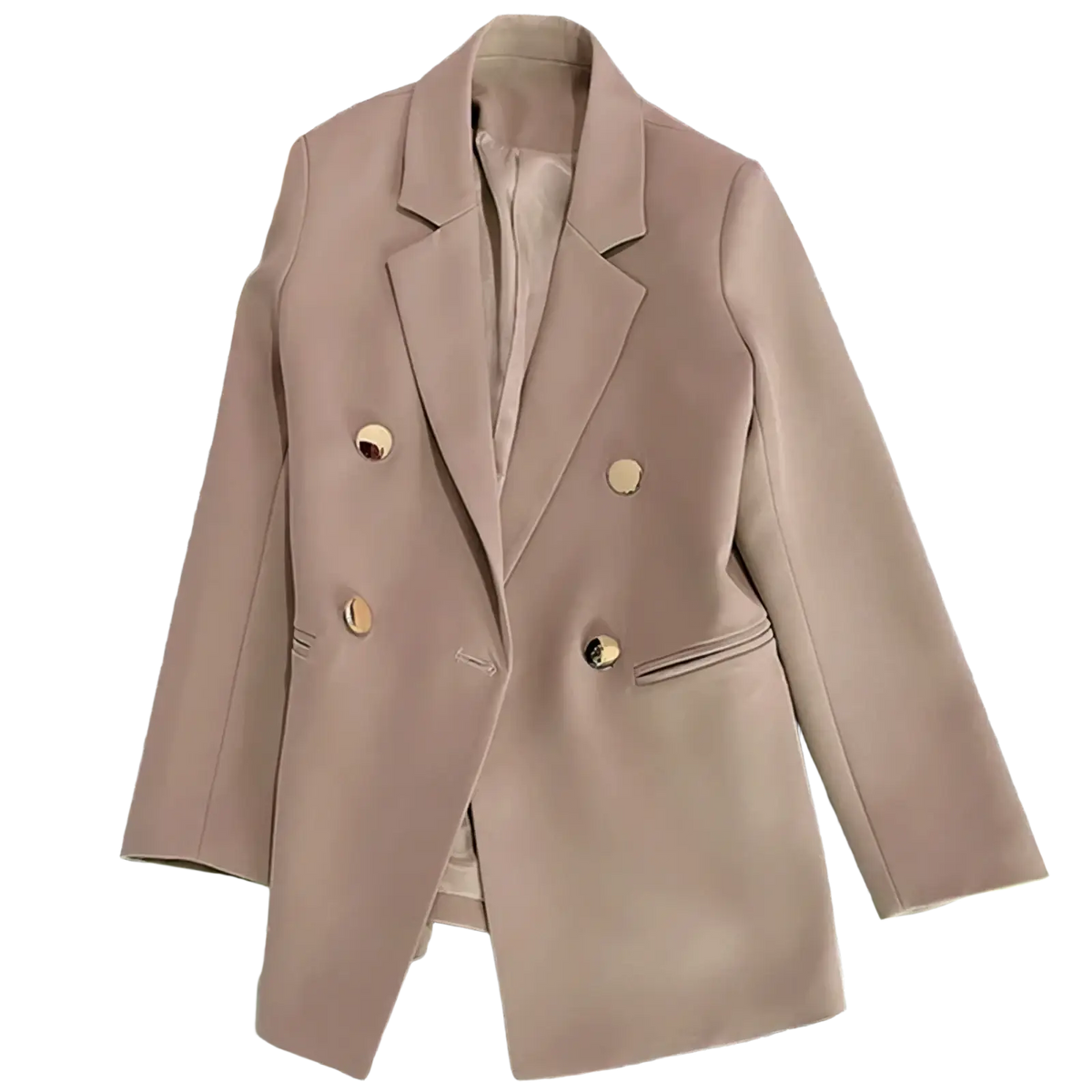 Women satin double breasted blazer in soft blush pink with gold toned buttons and tailored design