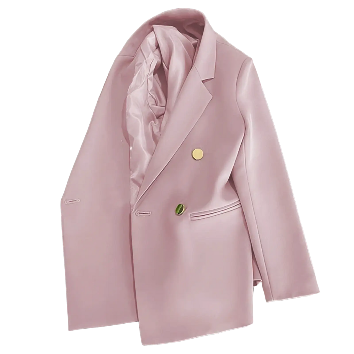 A soft pink satin women double breasted blazer with gold toned buttons and a sleek tailored design