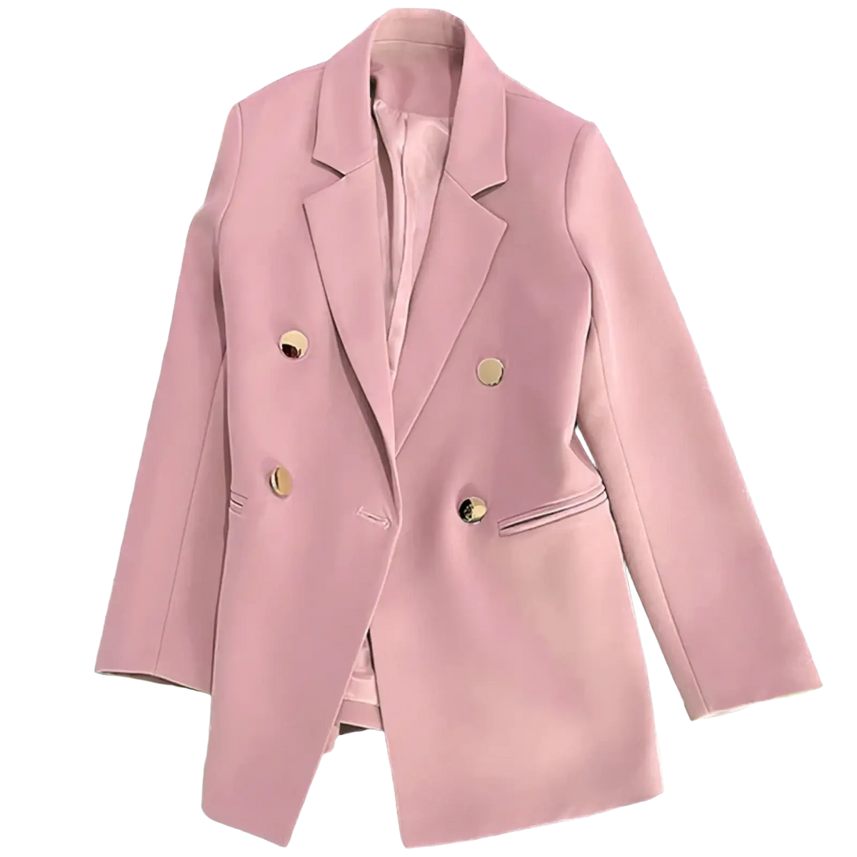 A soft pink women satin double breasted blazer with gold toned buttons and a sleek tailored design