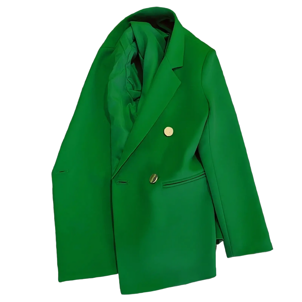 Women satin double breasted blazer in vibrant emerald green with gold toned buttons and a tailored design
