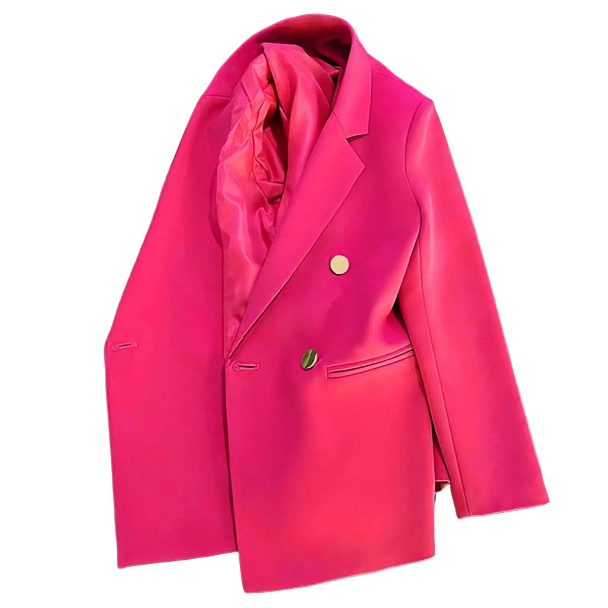 Women satin double breasted blazer in vibrant fuchsia with gold toned buttons and a sleek satin finish