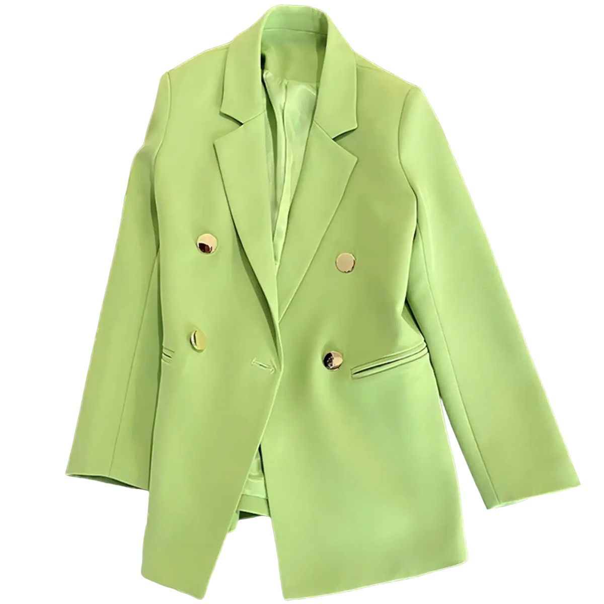 Women satin double breasted blazer in vibrant lime green with gold toned buttons and tailored design