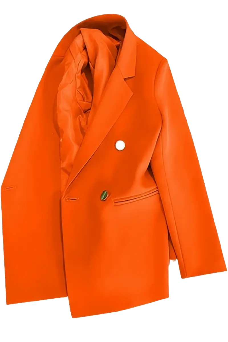 Vibrant orange women satin double breasted blazer with satin lining and contrasting buttons for formal wear